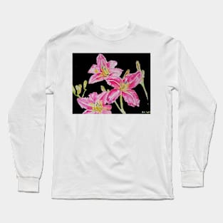 Pink Lily Flower Watercolor Painting Pattern - on Black Long Sleeve T-Shirt